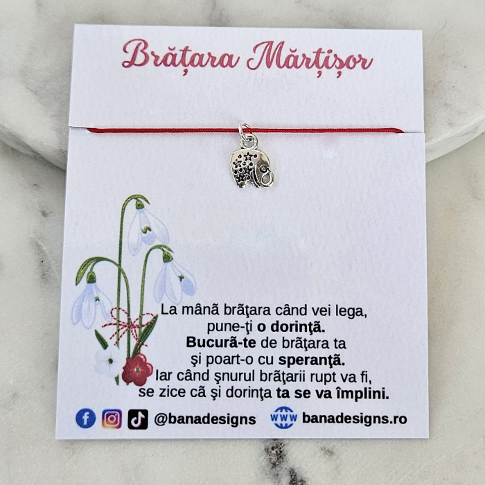 Bratara Martisor cu elefantel dragalas, snur rosu ajustabil [4]