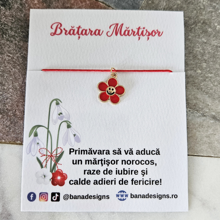 Bratara Martisor cu floare emailata cu emoticon, snur rosu ajustabil [4]