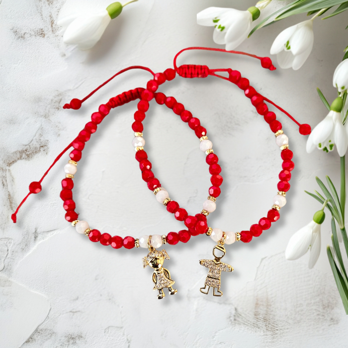 Bratara martisor cu fetita cristale rosii si margele texturate placate cu aur de 18K [2]