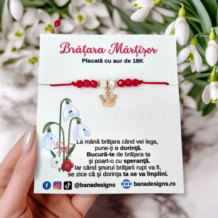Bratara Martisor cu coronita si cristale rosii si albe, placata cu aur [2]