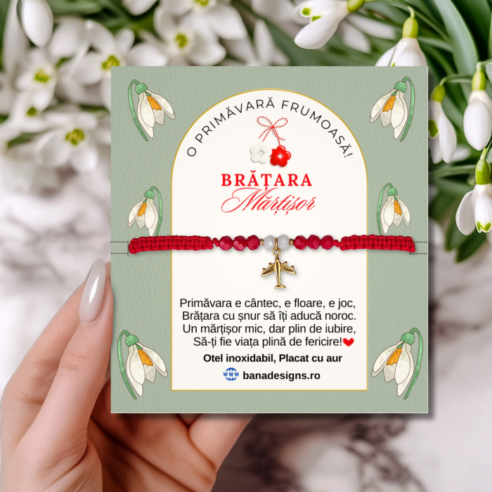 Bratara Martisor cu avion placata cu aur 18K, margele cristal alb rosu, snur macrame rosu [2]