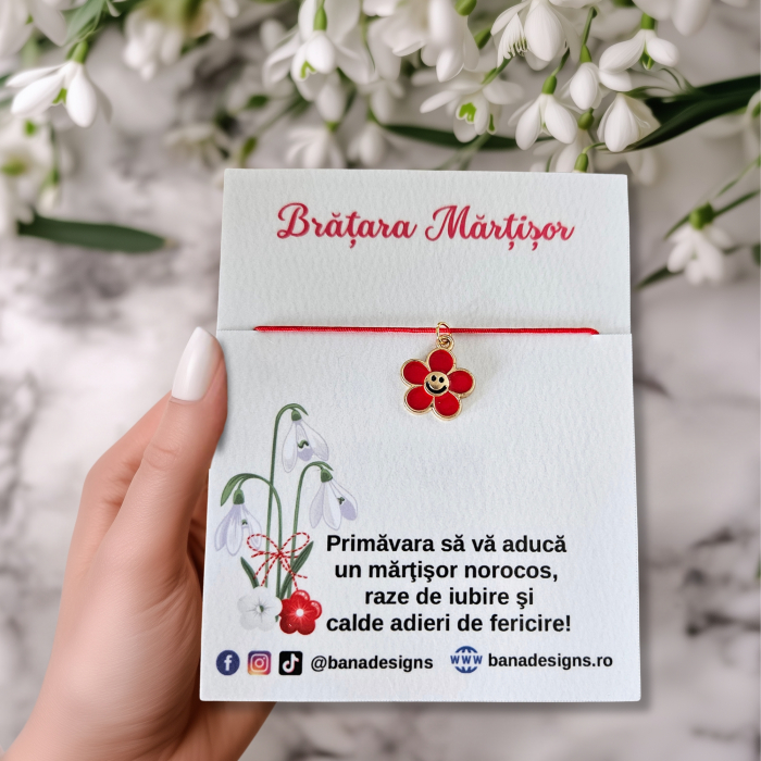 Bratara Martisor cu floare emailata cu emoticon, snur rosu ajustabil [2]