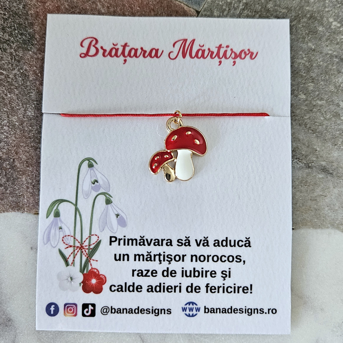 Bratara Martisor cu doua ciupercute emailate si snur rosu ajustabil [2]