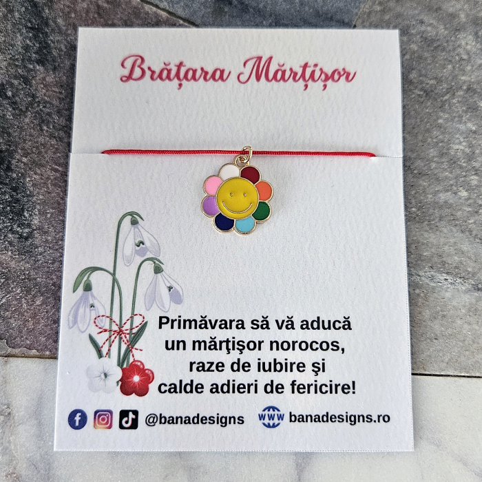 Bratara Martisor cu floare emailata multicolora, snur rosu ajustabil [2]