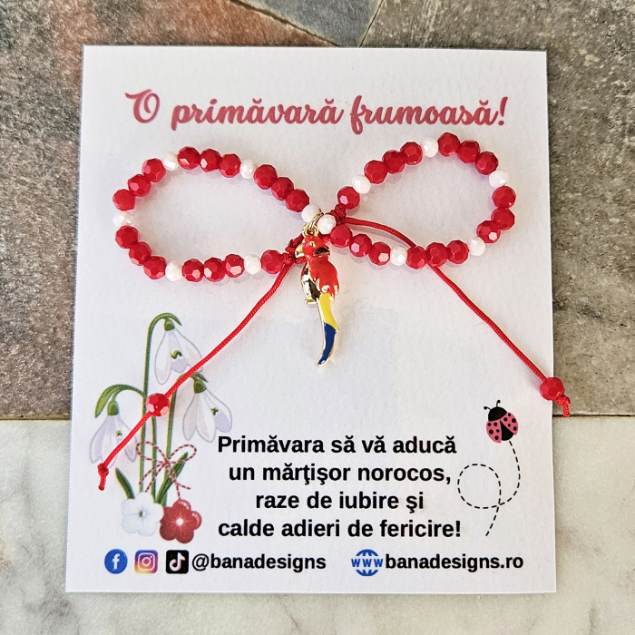 Bratara Martisor cu papagal emailatt, cristale rosii si albe [3]