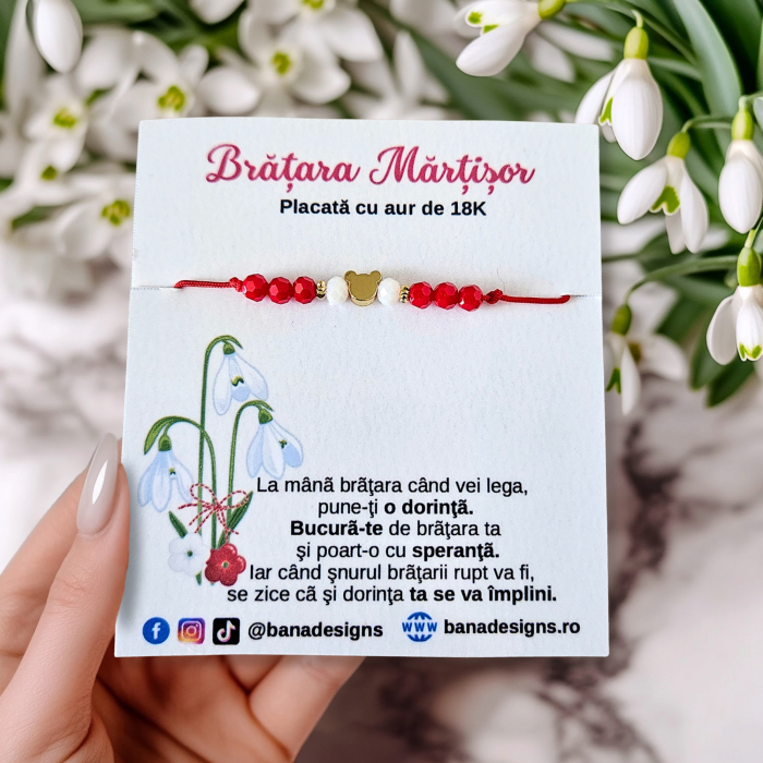 Bratara Martisor cu ursulet si cristale rosii si albe, placata cu aur [3]