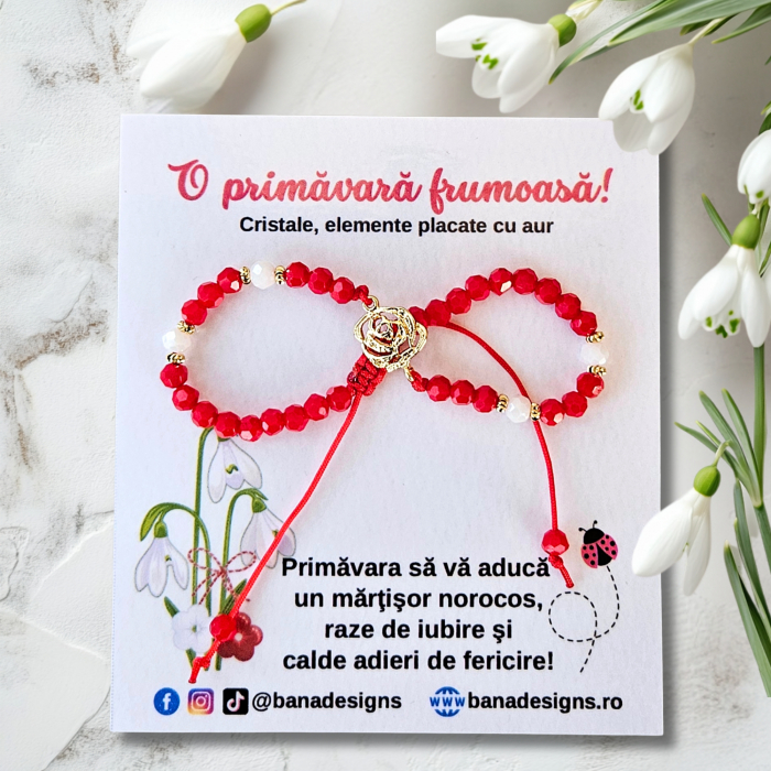 Bratara martisor trandafir, cristale rosii si margele texturate placate cu aur de 18K [1]