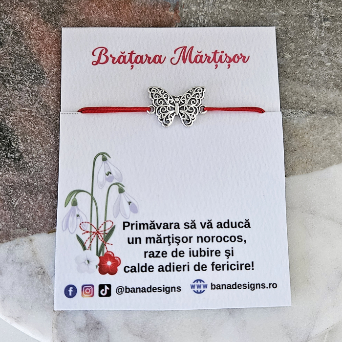 Bratara martisor cu fluturas filigranat si cu snur ajustabil rosu [4]