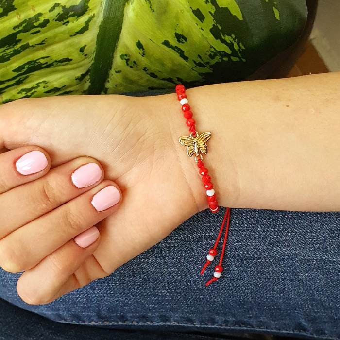 Bratara Martisor cu fluturas si cristale rosii si albe, cu snur ajustabil [2]