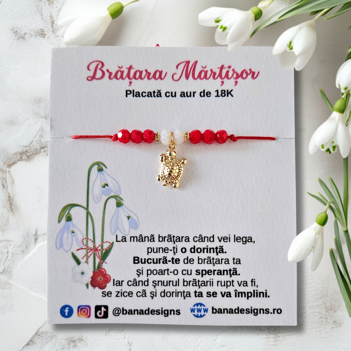 Bratara Martisor cu broscuta testoasa si cristale rosii si albe, placata cu aur [2]