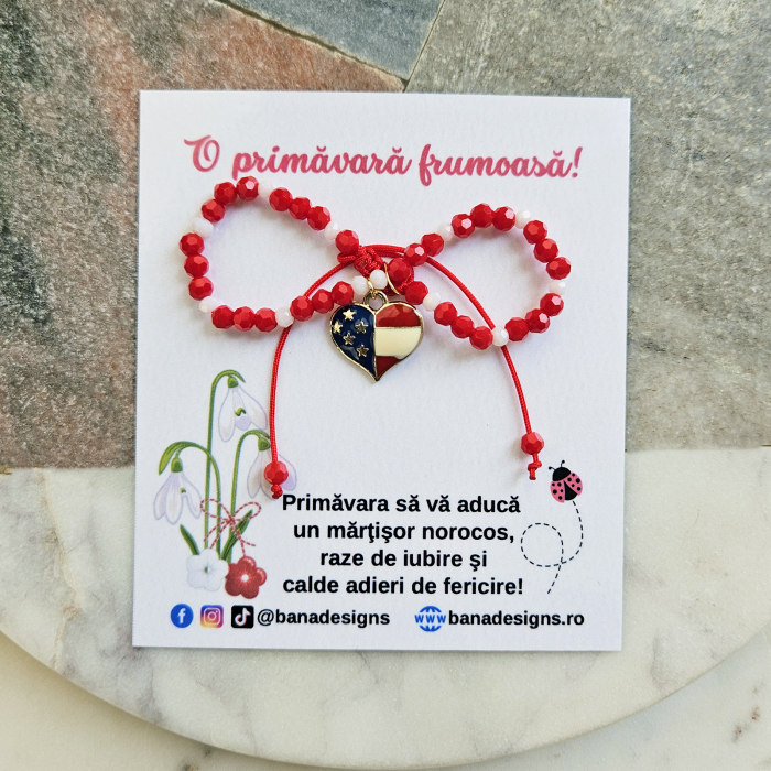 Bratara Martisor cu inima steag SUA emailata, cristale rosii si albe [4]