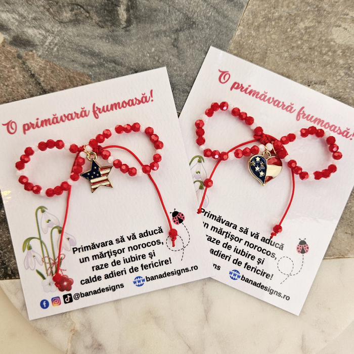 Bratara Martisor cu inima steag SUA emailata, cristale rosii si albe [6]