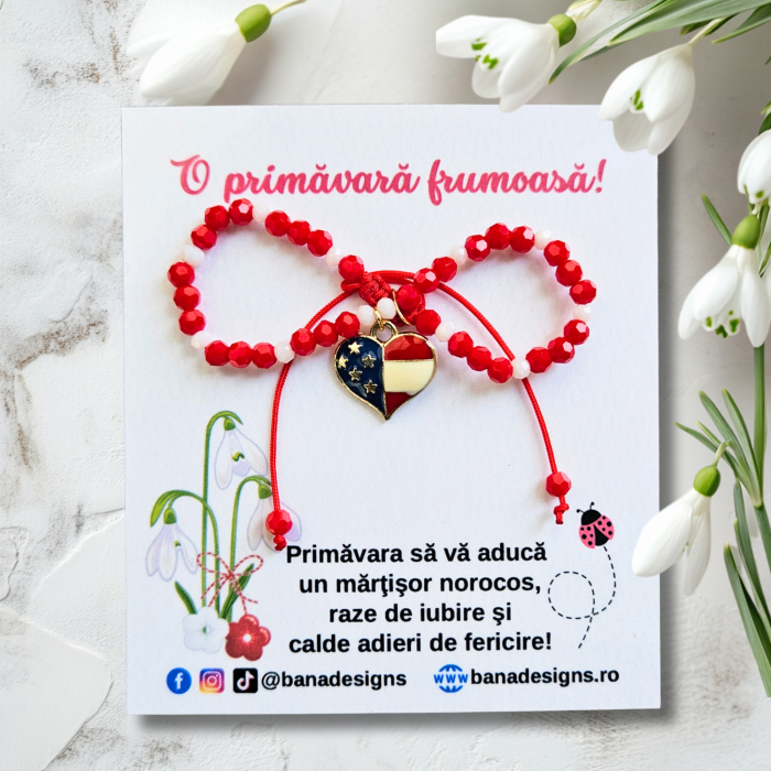 Bratara Martisor cu inima steag SUA emailata, cristale rosii si albe [2]