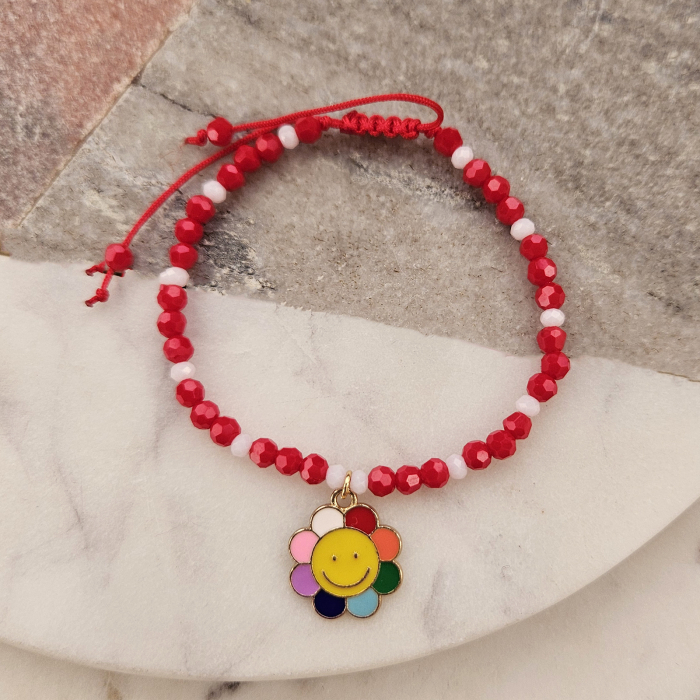 Bratara Martisor cu floricica multicolora emailata, cristale rosii si albe [4]