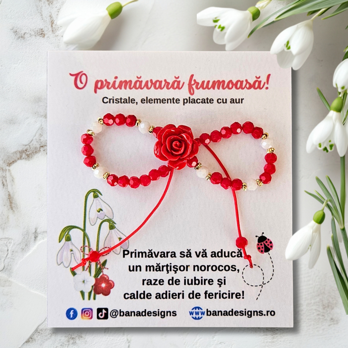 Bratara martisor cu trandafir, cristale rosii si margele texturate placate cu aur de 18K [3]