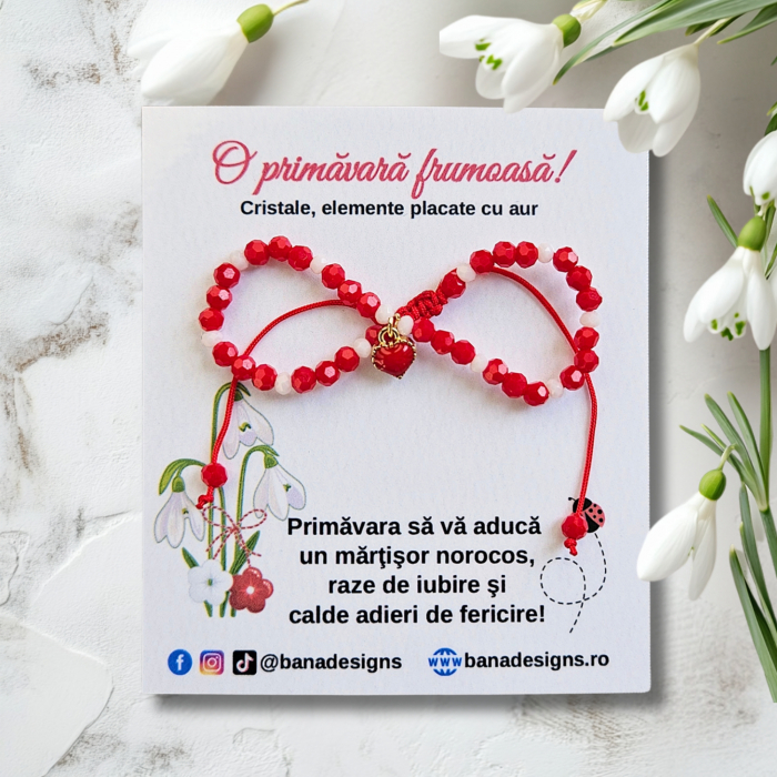 Bratara Martisor cu inimioara rosie emailata, cristale rosii si albe [2]