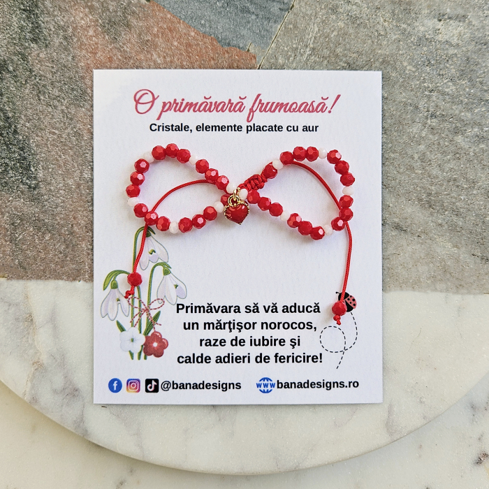 Bratara Martisor cu inimioara rosie emailata, cristale rosii si albe [4]