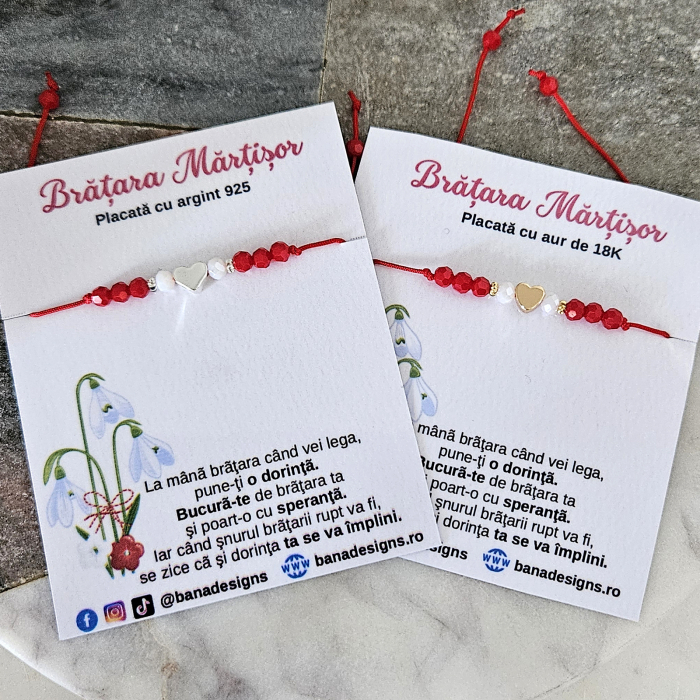 Bratara Martisor cu inimioara si cristale rosii si albe, placata cu aur [4]