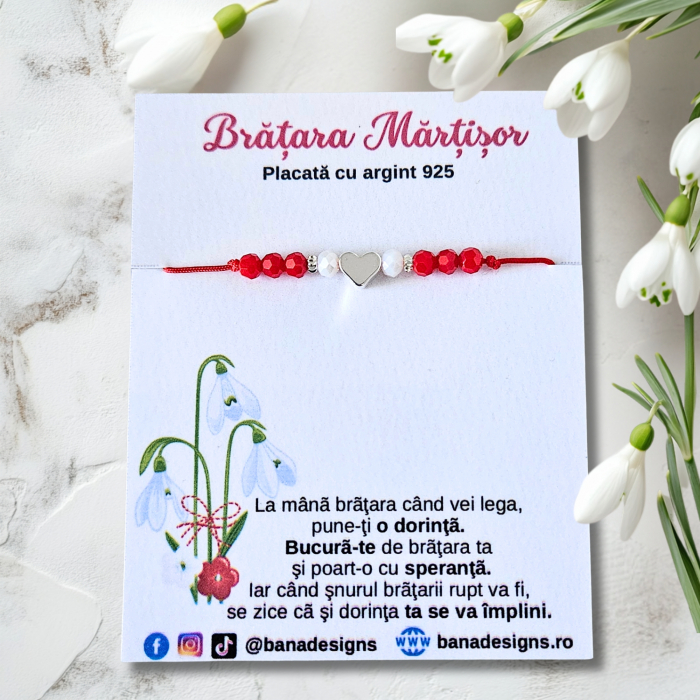 Bratara Martisor cu inimioara si cristale rosii si albe, placata cu argint [3]