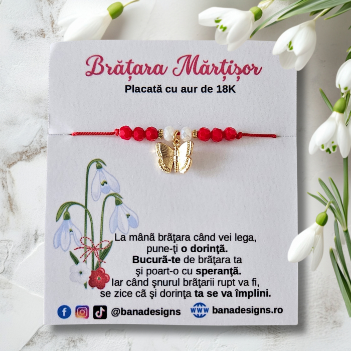Bratara Martisor cu fluturas si cristale rosii si albe, placata cu aur [2]