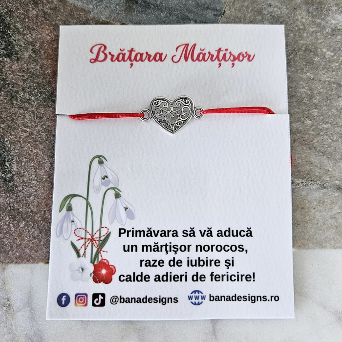 Bratara Martisor cu inimioara filigranata si snur rosu ajustabil [2]
