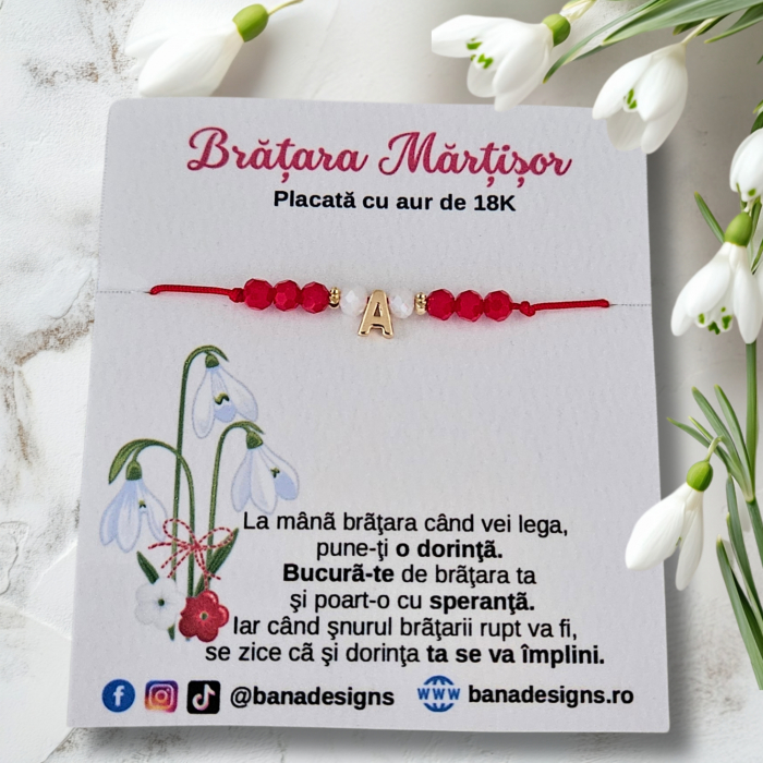 Bratara Martisor cu initiala si cristale rosii si albe, placata cu aur [6]