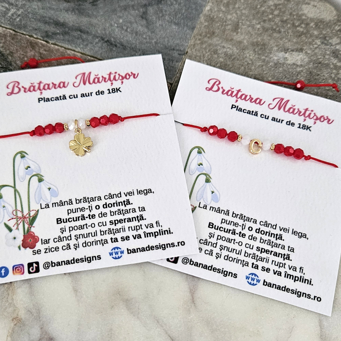 Bratara Martisor cu initiala si cristale rosii si albe, placata cu aur [5]
