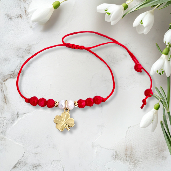Bratara Martisor cu trifoi si cristale rosii si albe, placata cu aur [3]