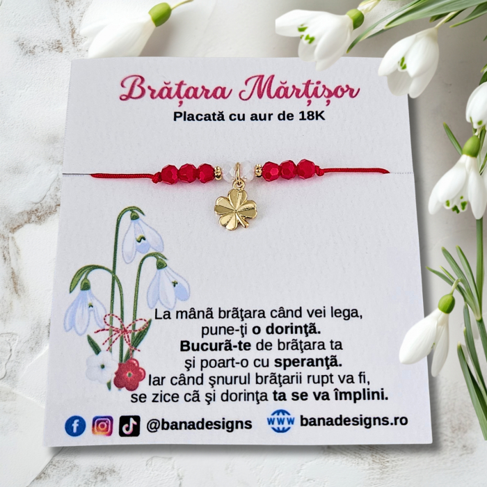Bratara Martisor cu trifoi si cristale rosii si albe, placata cu aur [2]