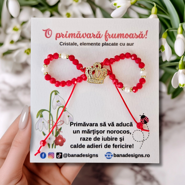 Bratara martisor coronita, cristale rosii si margele texturate placate cu aur de 18K [2]
