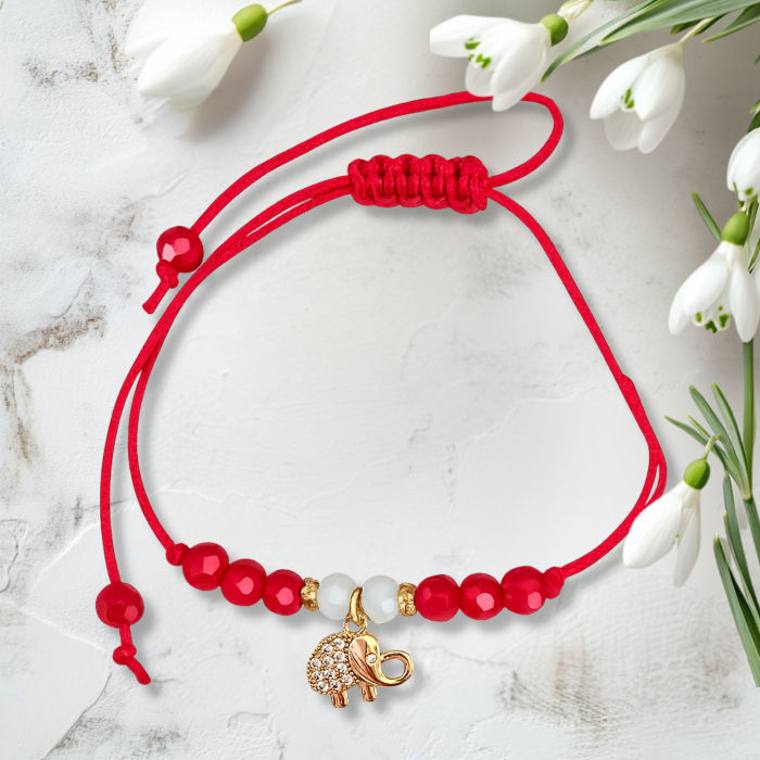 Bratara Martisor cu Elefant Norocos Placat cu Aur și Cristale Roșii și Albe Cubic Zirconia [3]