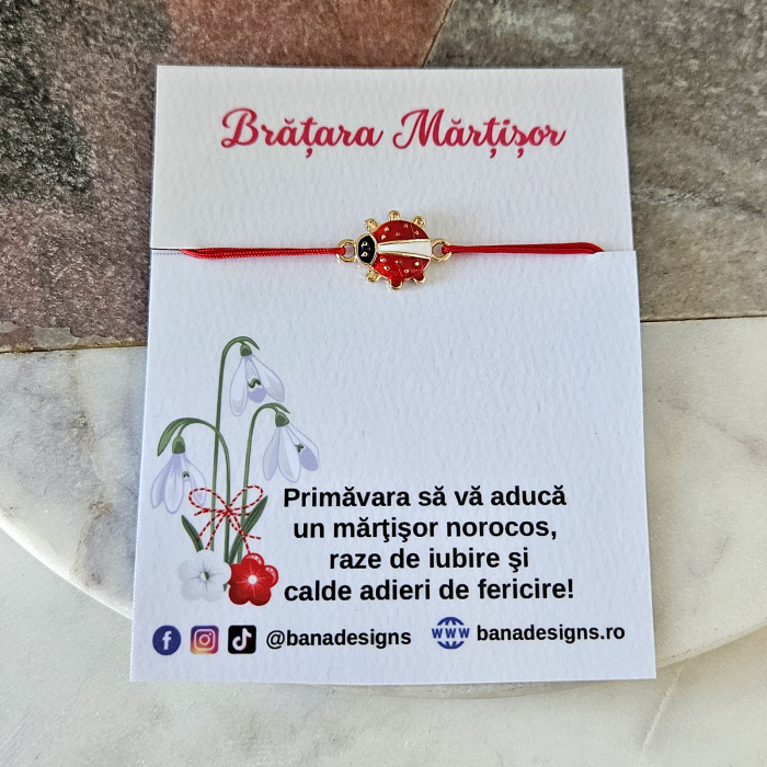 Bratara Martisor cu buburuza emailata rosie cu auriu si snur rosu ajustabil [2]