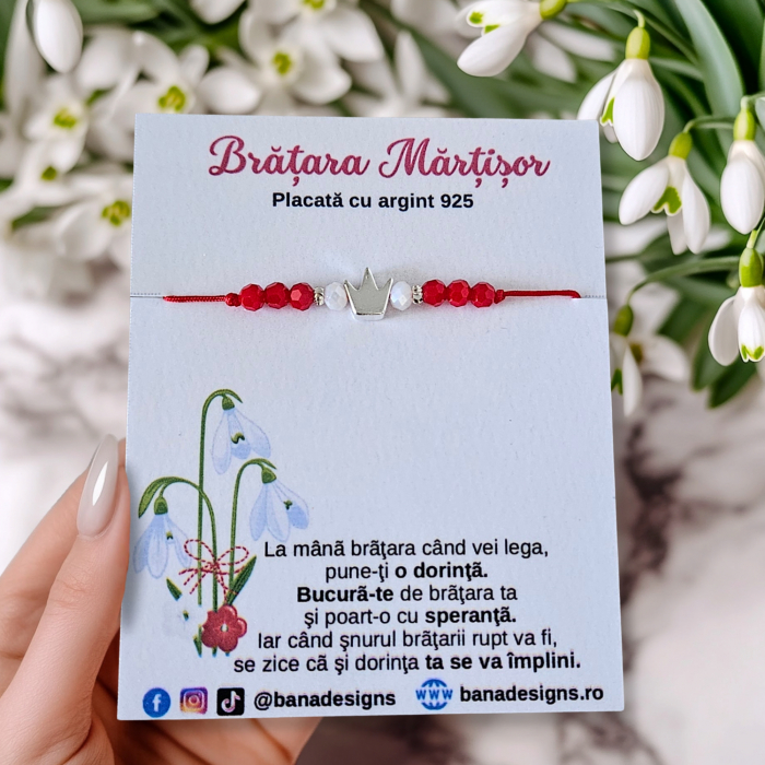 Bratara Martisor cu coronita si cristale rosii si albe, placata cu argint [3]