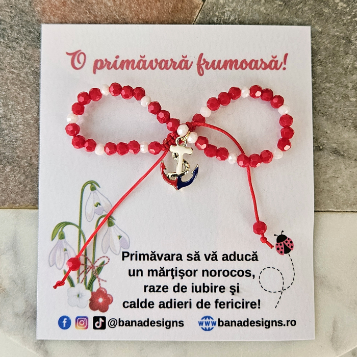 Bratara Martisor cu ancora emailata, cristale rosii si albe [3]