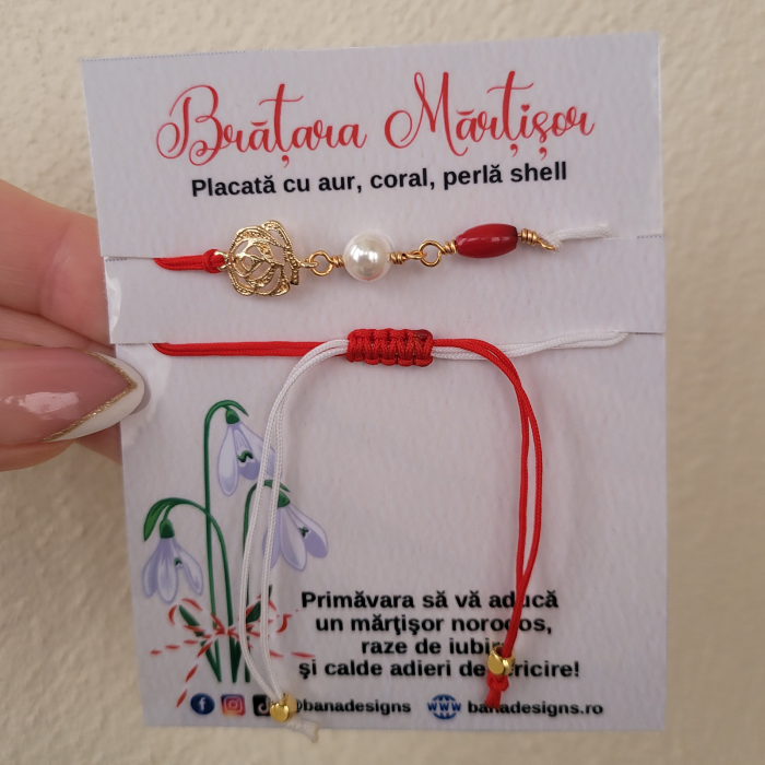 Bratara Martisor cu perla shell, coral rosu si trandafir placat cu aur de 18K [6]