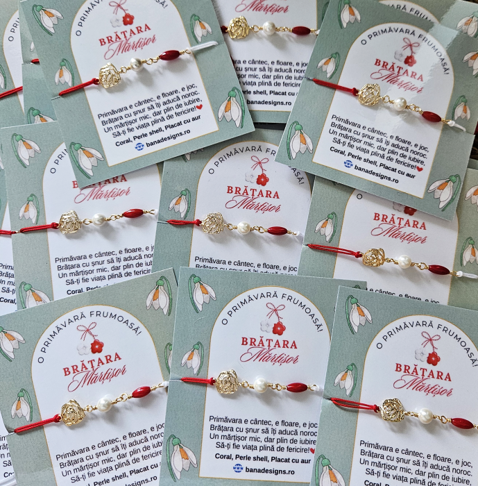 Bratara Martisor cu perla shell, coral rosu si trandafir placat cu aur de 18K [5]