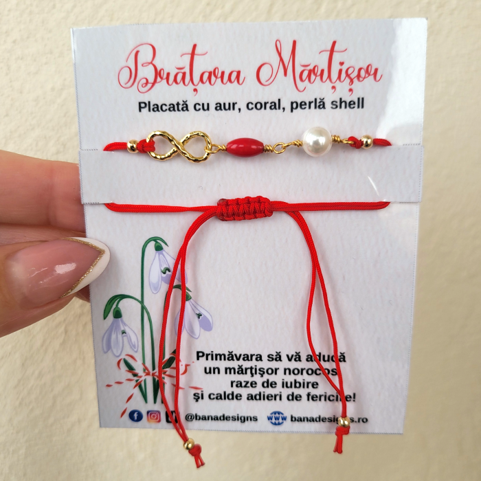 Bratara Martisor cu perla shell pearl alba, coral rosu si infinit placat cu aur [4]