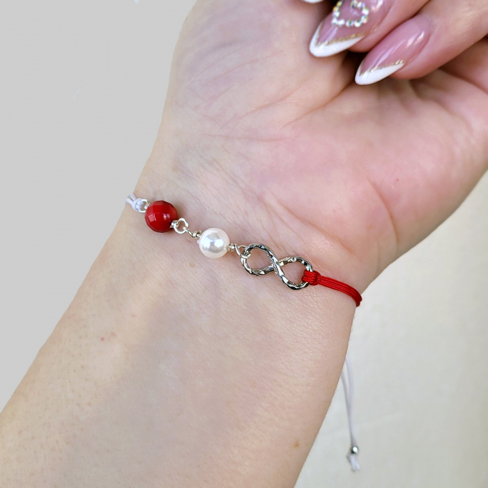 Bratara Martisor, cu perla shell pearl, coral rosu si infinit placat cu platina [2]