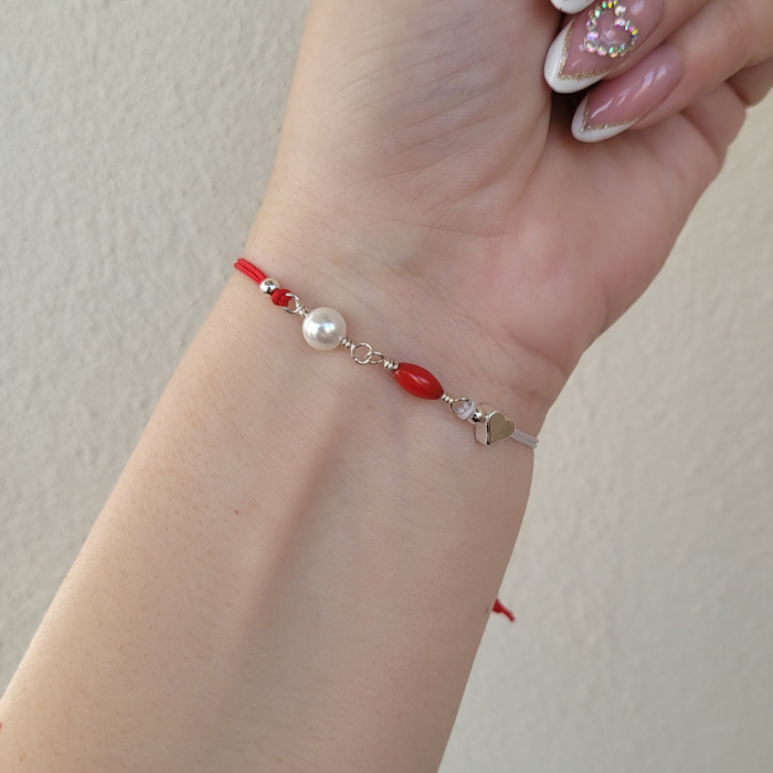 Bratara Martisor placata cu argint, cu inimioara, perl shell pearl si coral rosu [5]