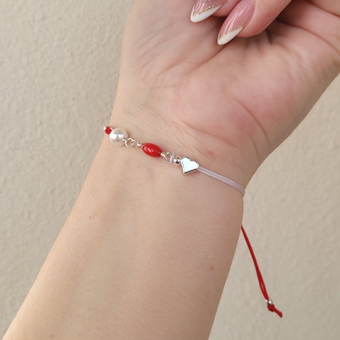 Bratara Martisor placata cu argint, cu inimioara, perl shell pearl si coral rosu [4]