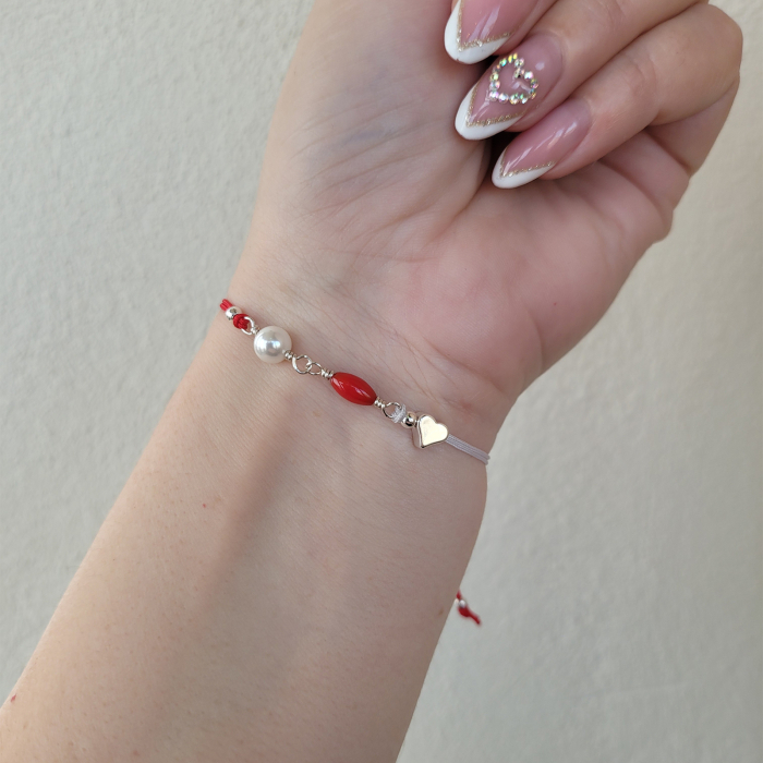 Bratara Martisor placata cu argint, cu inimioara, perl shell pearl si coral rosu [2]