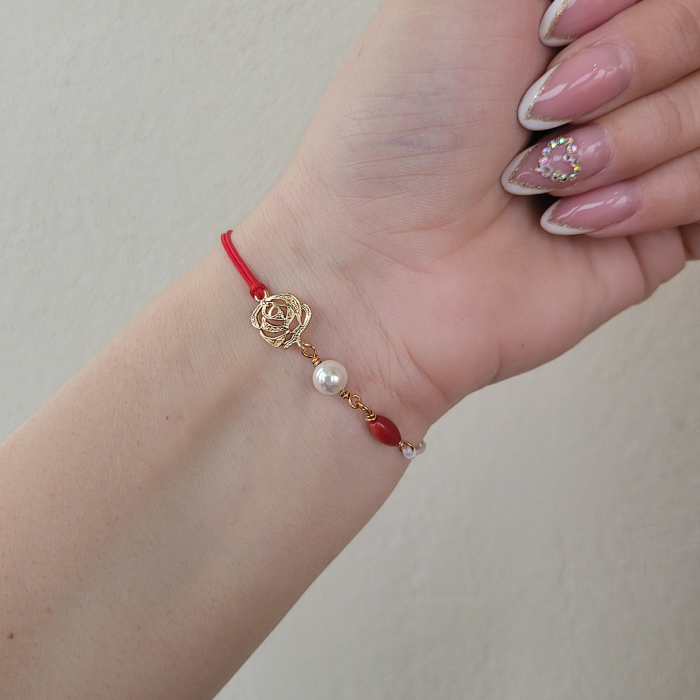 Bratara Martisor cu perla shell, coral rosu si trandafir placat cu aur de 18K [2]