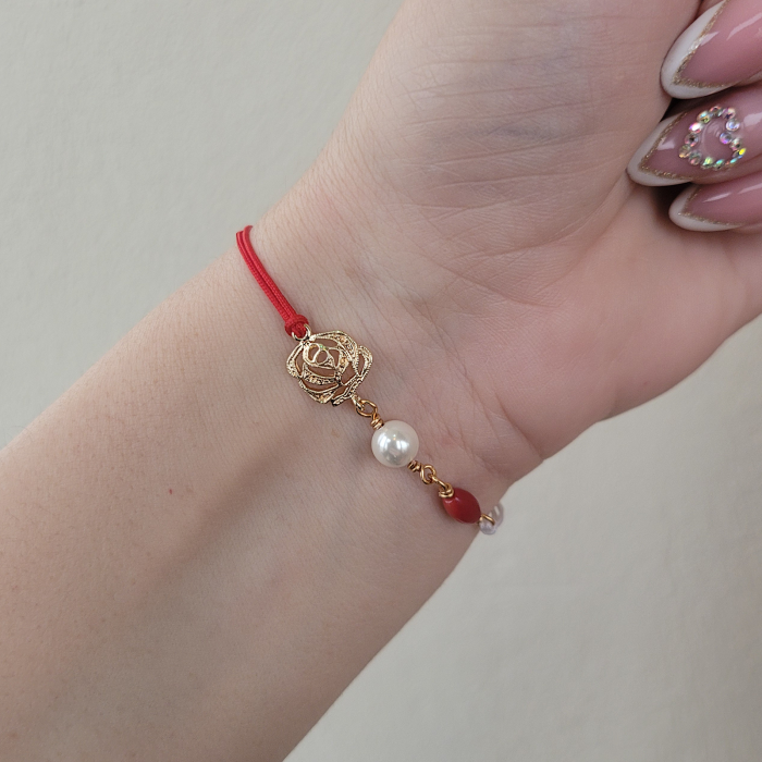 Bratara Martisor cu perla shell, coral rosu si trandafir placat cu aur de 18K [5]