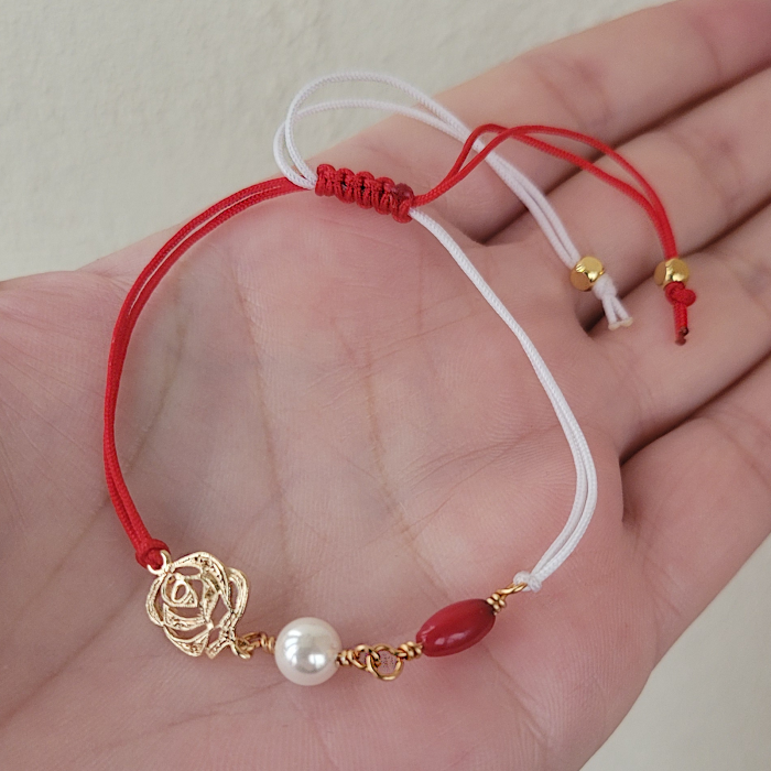 Bratara Martisor cu perla shell, coral rosu si trandafir placat cu aur de 18K [3]