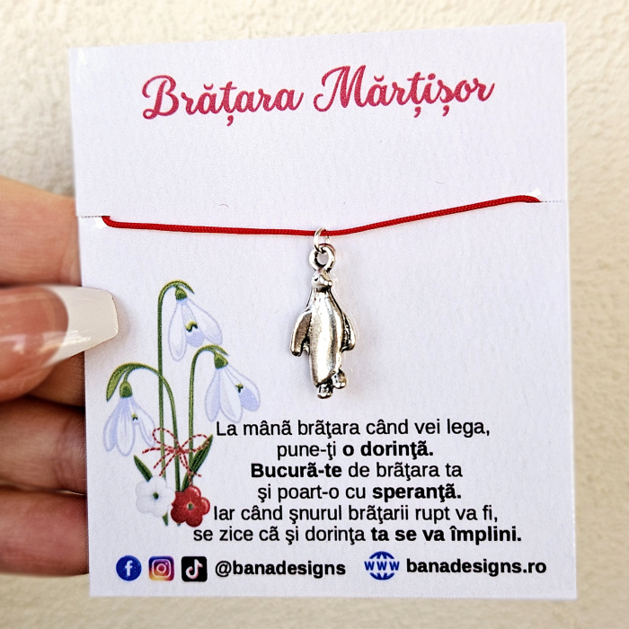 Bratara Martisor cu pinguin si snur rosu ajustabil [3]