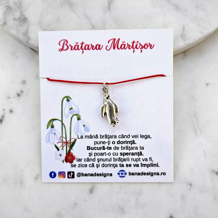 Bratara Martisor cu pinguin si snur rosu ajustabil [4]