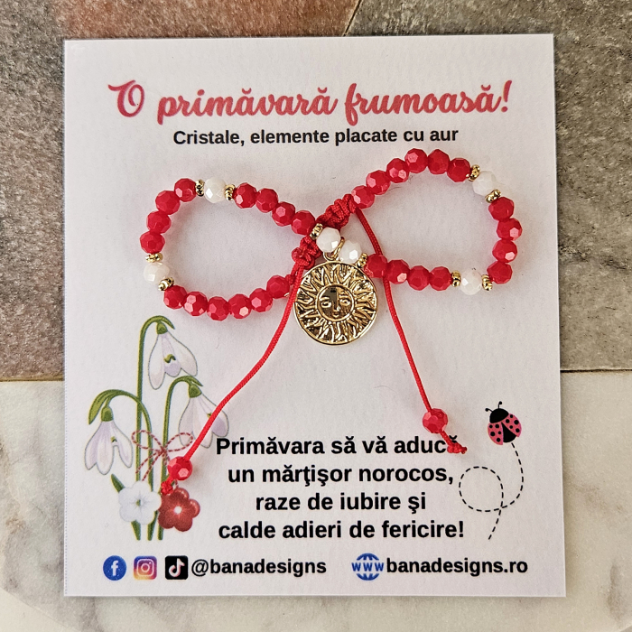 Bratara martisor cu soare, cristale rosii si margele texturate placate cu aur de 18K [6]