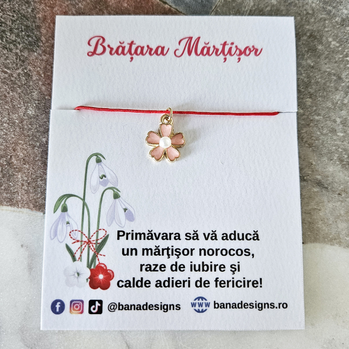 Bratara Martisor cu floare emailata roz si perluta, snur rosu ajustabil [2]