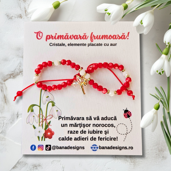 Bratara martisor cu zana, cristale rosii si margele texturate placate cu aur de 18K [3]