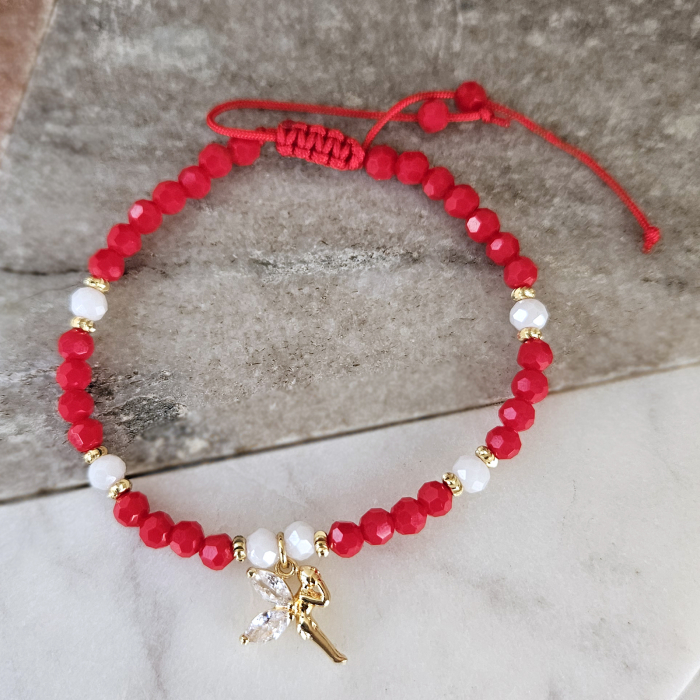 Bratara martisor cu zana, cristale rosii si margele texturate placate cu aur de 18K [4]